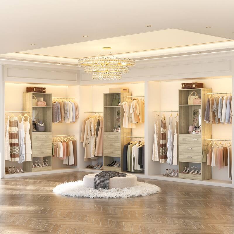 25'' - 96" W Closet System with 4 Wooden Drawers and Mirror, Walk-in Closet Organizer Kits with 3 Extendable Hanging Rods