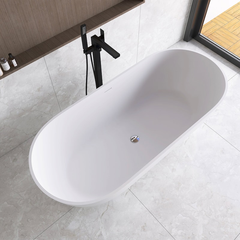60"/69" Solid Surface Freestanding Bathtub in Matte White with Drain
