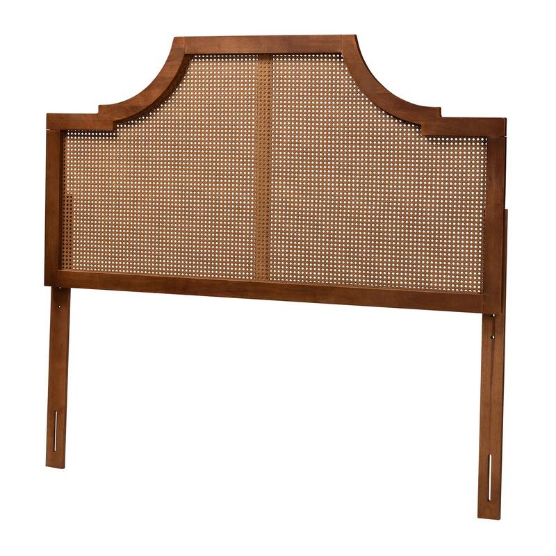 Mid-Century Modern Ash Walnut Wood and Rattan King Size Headboard with Woven Detail and Retro Charm