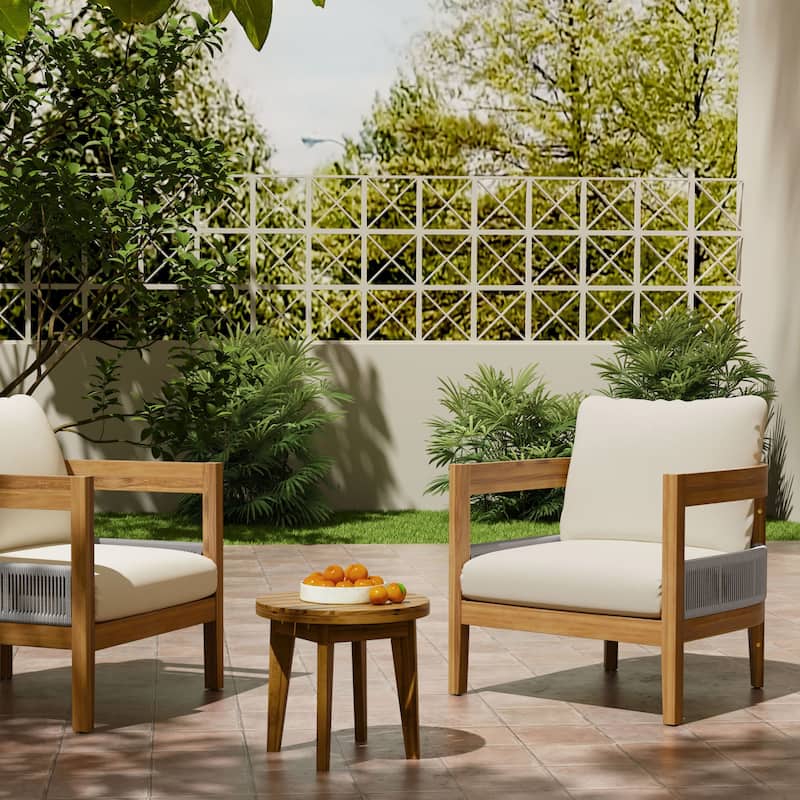 Christopher Knight Home - Ian Outdoor Acacia Wood Club Chair With Table Set - Teak Finish+Beige Cushion+light grey rope