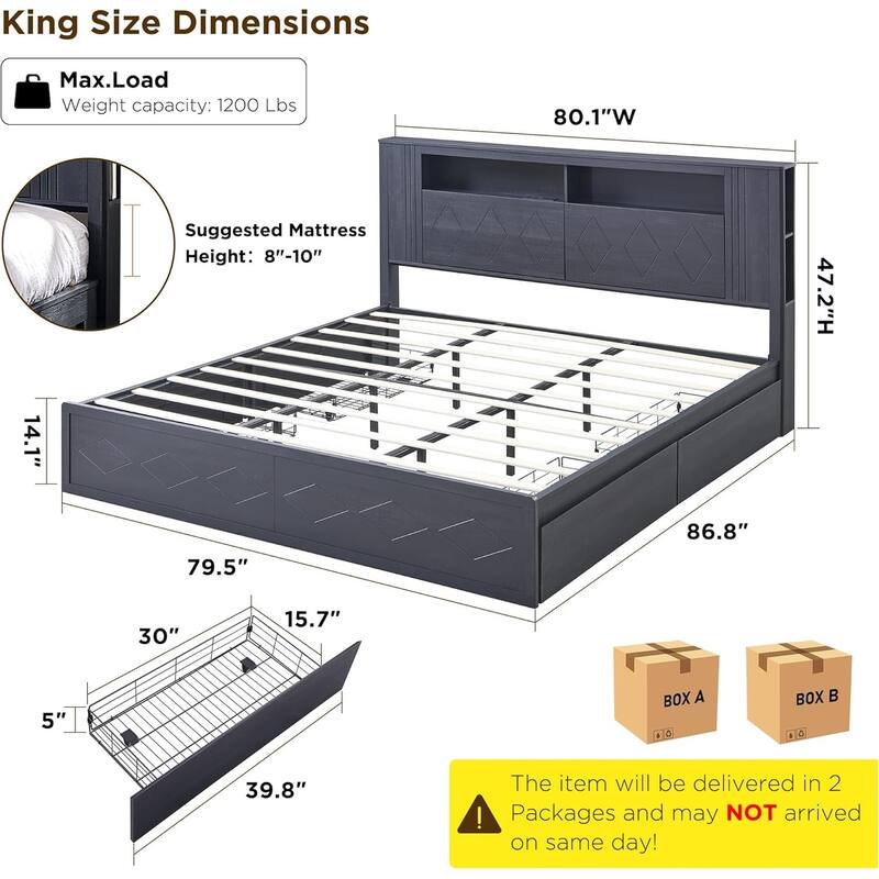 Modern King Size Wood Bed Frame with Charging Station and LED Lights
