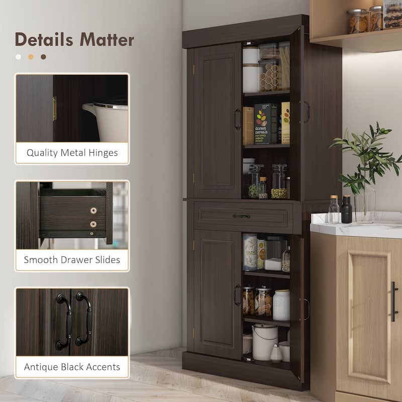 71" Freestanding Kitchen Pantry with 4 Doors, and 2 Large Cabinets