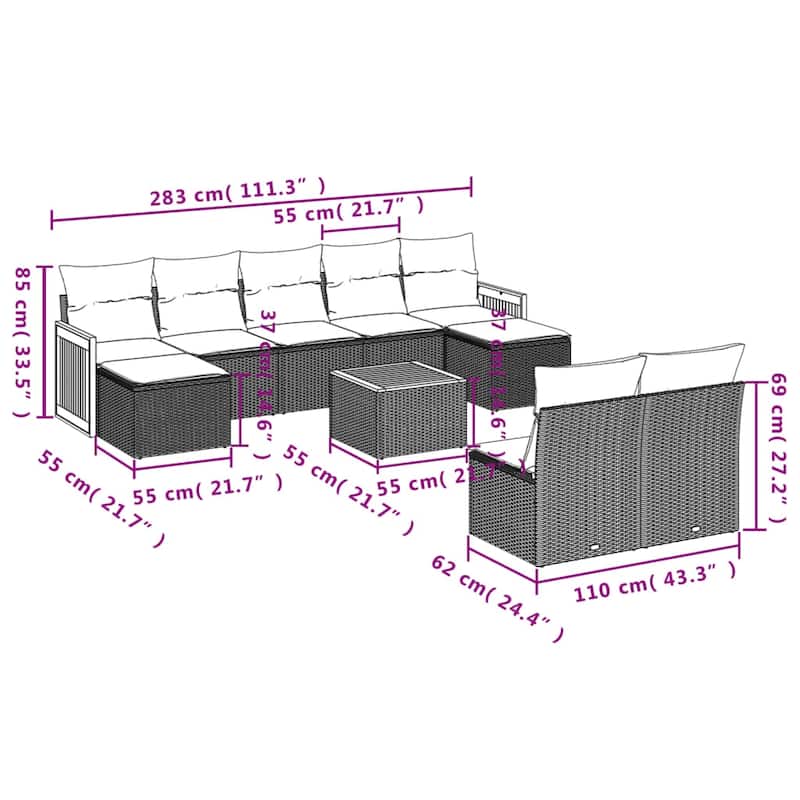 vidaXL Patio Sofa Set with Cushions Outdoor Conversation Furniture Poly Rattan - 21.7 x 21.7 x 14.6