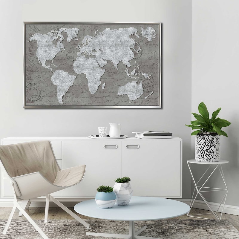 "World Map On Script" Print on Floating Canvas