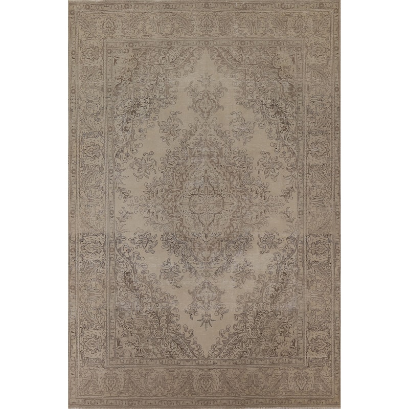 Distressed Tabriz Persian Vintage Beige Rug Hand-knotted Wool Carpet - 8'4" x 10'10"
