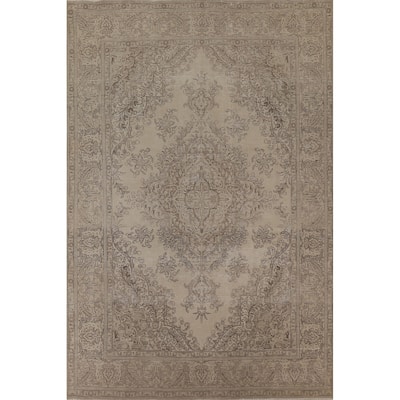 Distressed Tabriz Persian Vintage Beige Rug Hand-knotted Wool Carpet - 8'4" x 10'10"