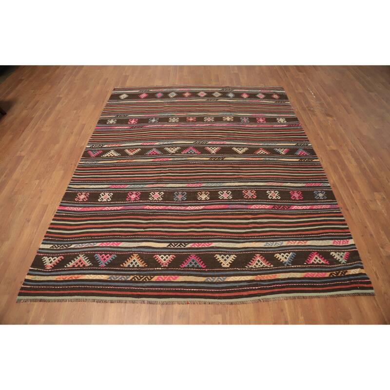 Hand Woven Oriental 100% Wool Carpet Southwestern Tribal Multi-Colored Kilim Area Rug - 7' 10'' X 6' 5''