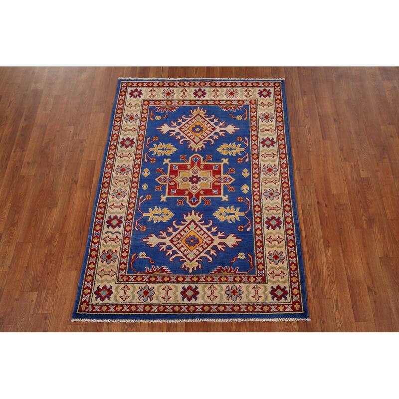Blue Geometric Kazak Accent Rug Hand-Knotted Oriental Wool Carpet - 3'5" x 4'11"