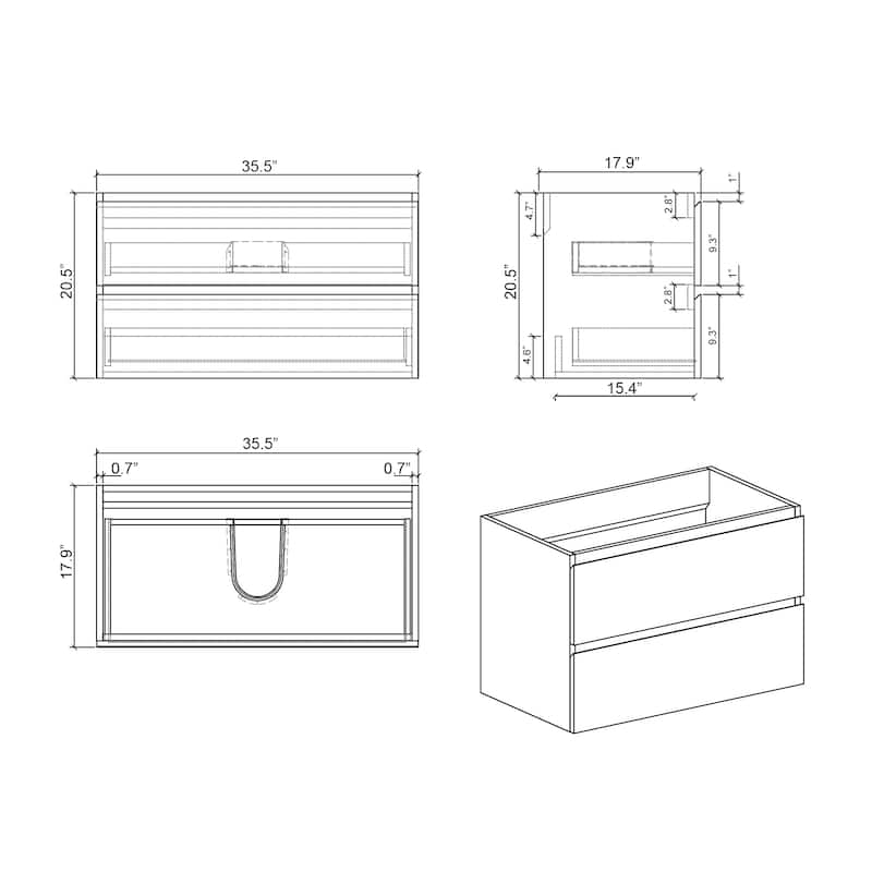 GDFStudio - Tia Wall-Mounted Bathroom Vanity with Ceramic Sink, Soft Close Drawers & U-Shaped Drainage