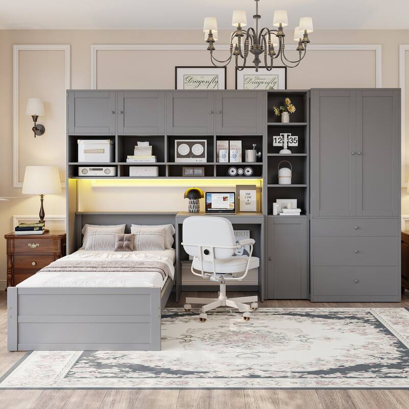 Twin Size Wood Platform Bed with Built-in Desk, Wardrobe, Cabinets & Drawers - Grey - Twin