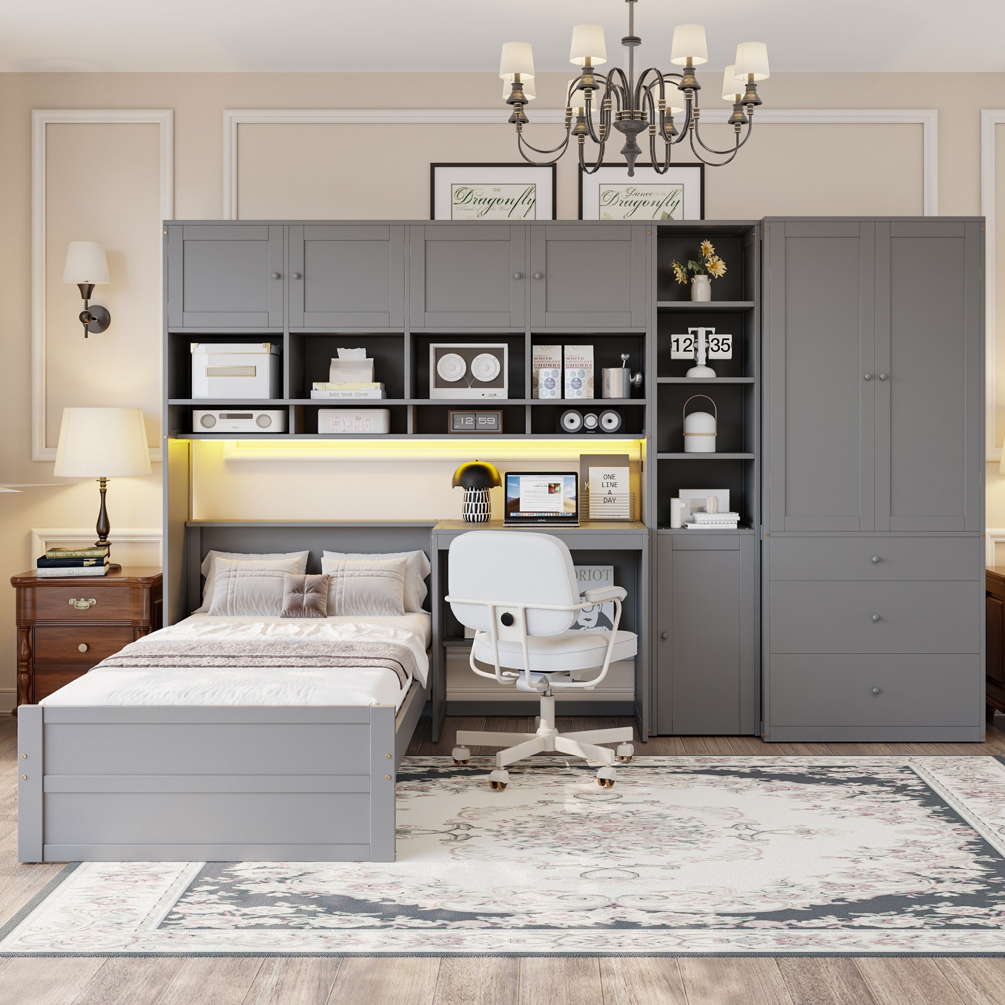 Wooden Twin Size Platform Bed with Desk, Wardrobe, Cabinets, Drawers, and Shelves