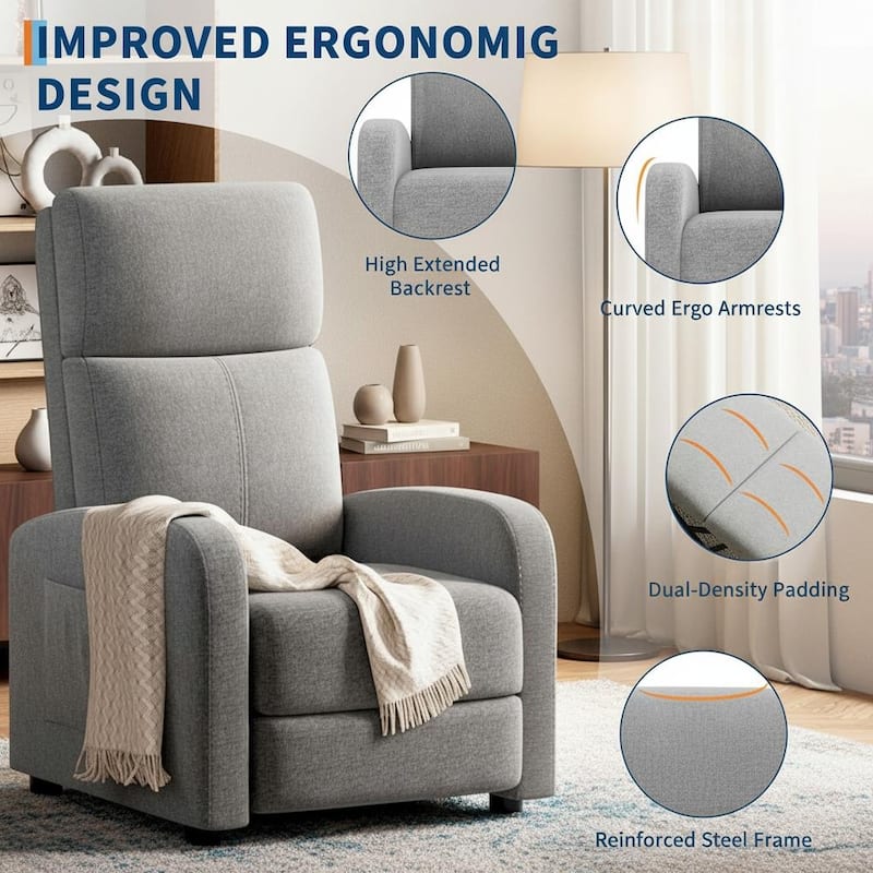 Recliner Chair for Adults, High Backrest, Thick Cushion, with Side Pocket