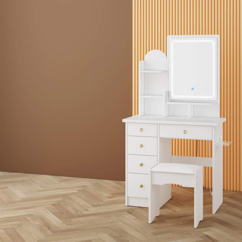 Modern Vanity Desk with Adjustable Mirror Lights and Hair Dryer Shelf