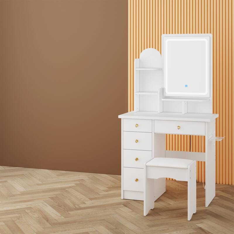 Vanity Set with Stool, Lighted Mirror, Outlets,Makeup Table Dressing - 31.5"W