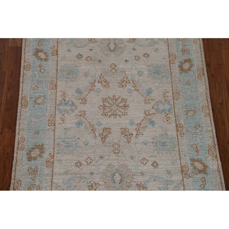Hand Knotted Oriental 100% Wool Carpet Transitional Geometric Beige & Ivories Oushak Area Rug - 3' 11'' X 3' 0''