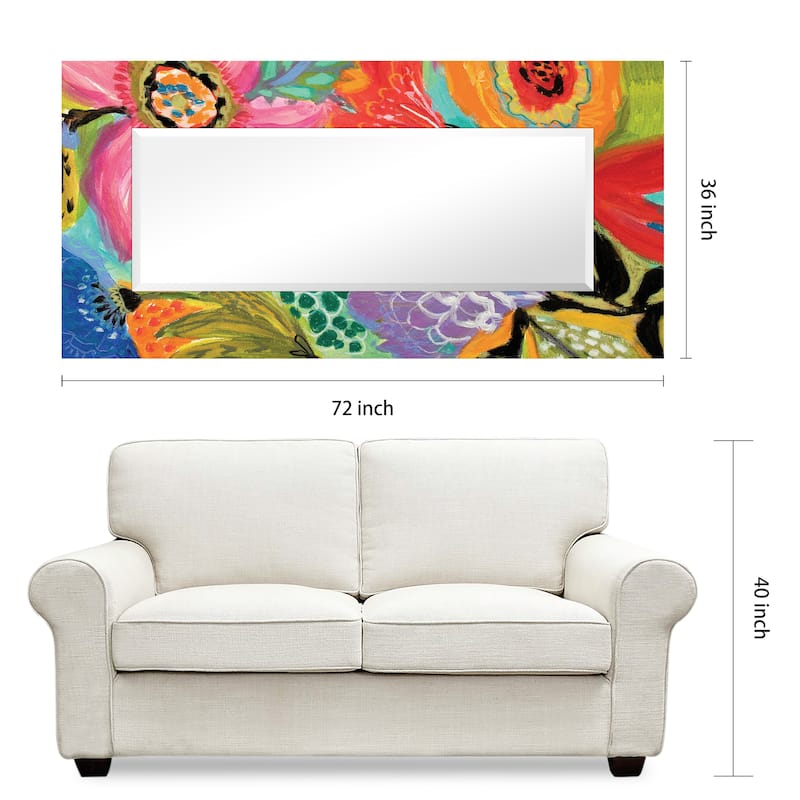 "Secret Garden Floral II" 72"x36" Colorful Rectangular Beveled Leaner Mirror on Free Floating Reverse Printed Tempered Art Glass