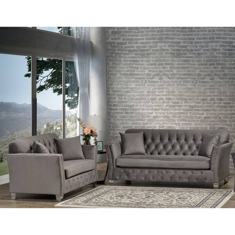 Corrie Grey Velvet Fabric Button Tufted Sofa and Loveseat Set