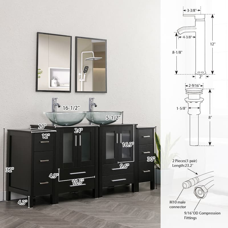 72" Bathroom Vanity Set Glass Ceramic Vessel Sink Side Cabinet Combo