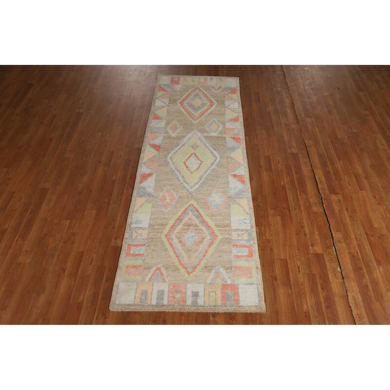 Hand Knotted Oriental 100% Wool Carpet Transitional Geometric Brown Oushak Runner Rug - 8' 8'' X 3' 0''