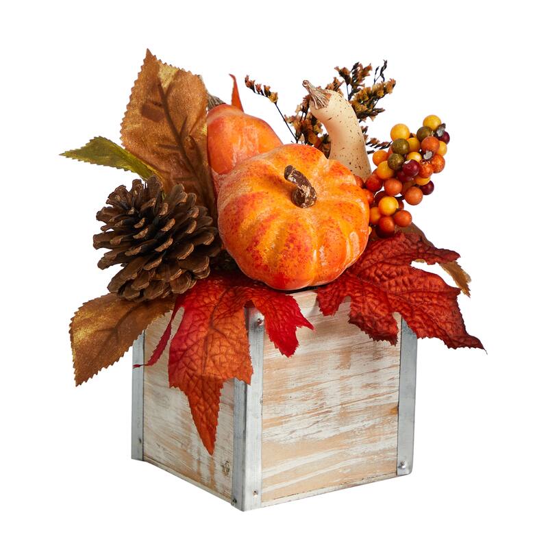 8” Pinecone and Pumpkins Fall Harvest Artificial Arrangement in Washed Vase