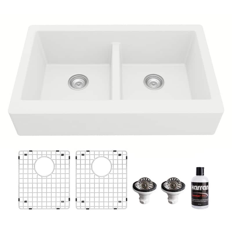 Karran Retrofit Farmhouse Quartz 34 in. Double Bowl 50/50 Sink Kit - White
