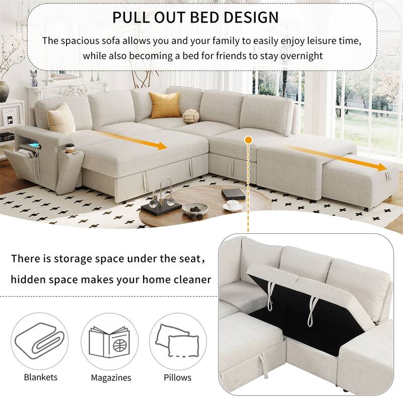 L-shaped Padded Modular Sofa w/Storage Space,USB Ports & Cup Holders