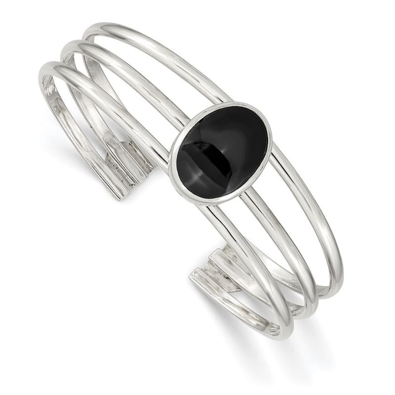 Curata 925 Sterling Silver Polished Simulated Onyx Three Strand Cuff Stackable Bangle Bracelet