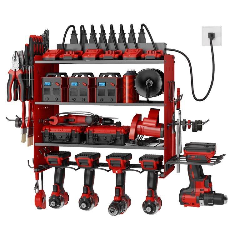 Sttoraboks Modular Power Tool Organizer, Wall Mount Garage 4 Drill Shelf Rack with hooks, 8 Outlet Power Strip - Red