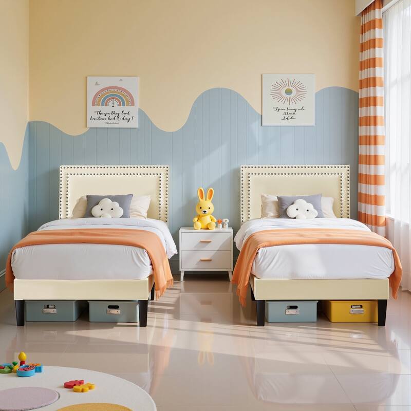 Set of 2 Upholstered Twin Size Platform Bed with Adjustable Headboard Double Riveted Headboard Twin Size Platform Bed - Beige - Twin