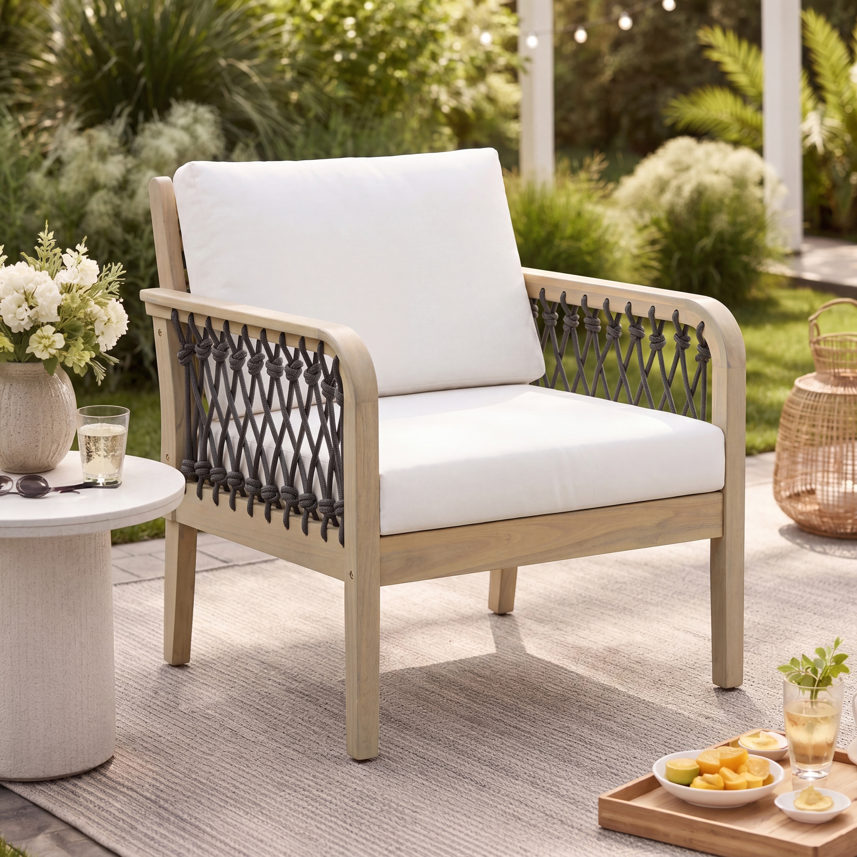 Acacia Wood Outdoor Club Chair with Handwoven Rope and Comfortable Cushions