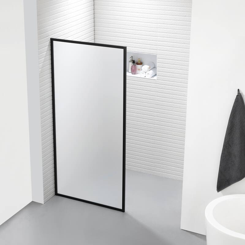 FELYL 34" W x 72" H Framed Fixed Frosted Glass Panel with Heat Soaking Process and Protective Coating Clear Glass - Black