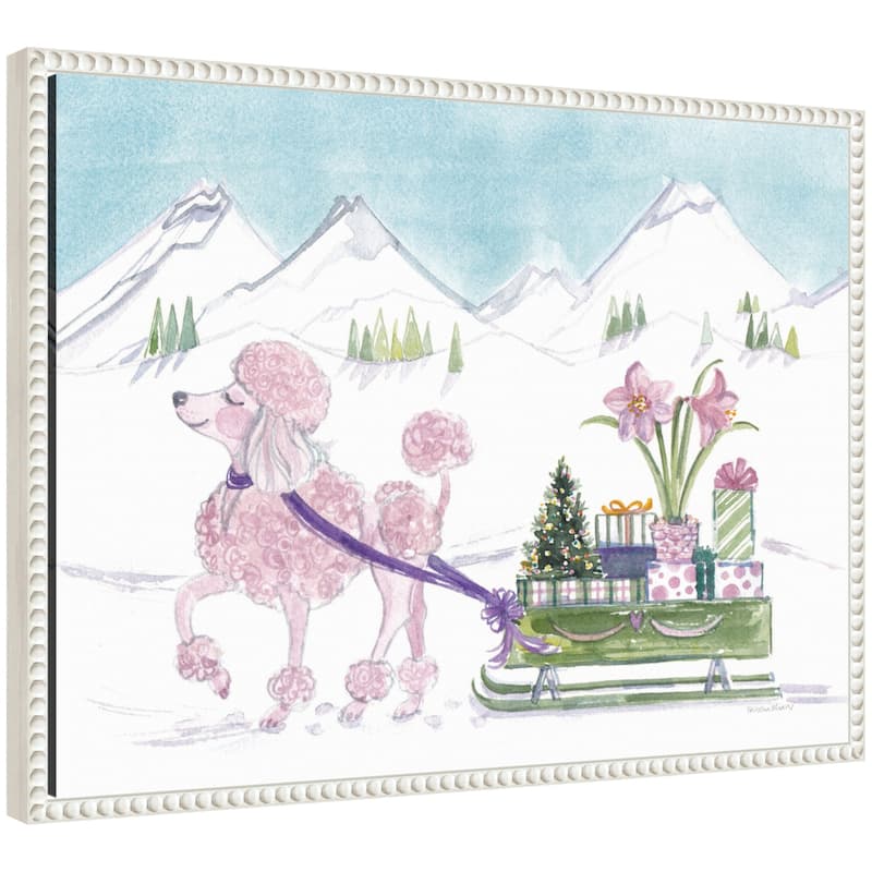 Kate and Laurel Sylvie Beaded Pink Poodle and Present Sled Framed Canvas by Patricia Shaw - White