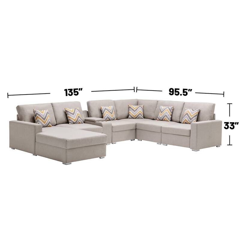 Linen Fabric 7 Piece Reversible Chaise Sectional Sofa with Storage Console Table and 6 Pillows