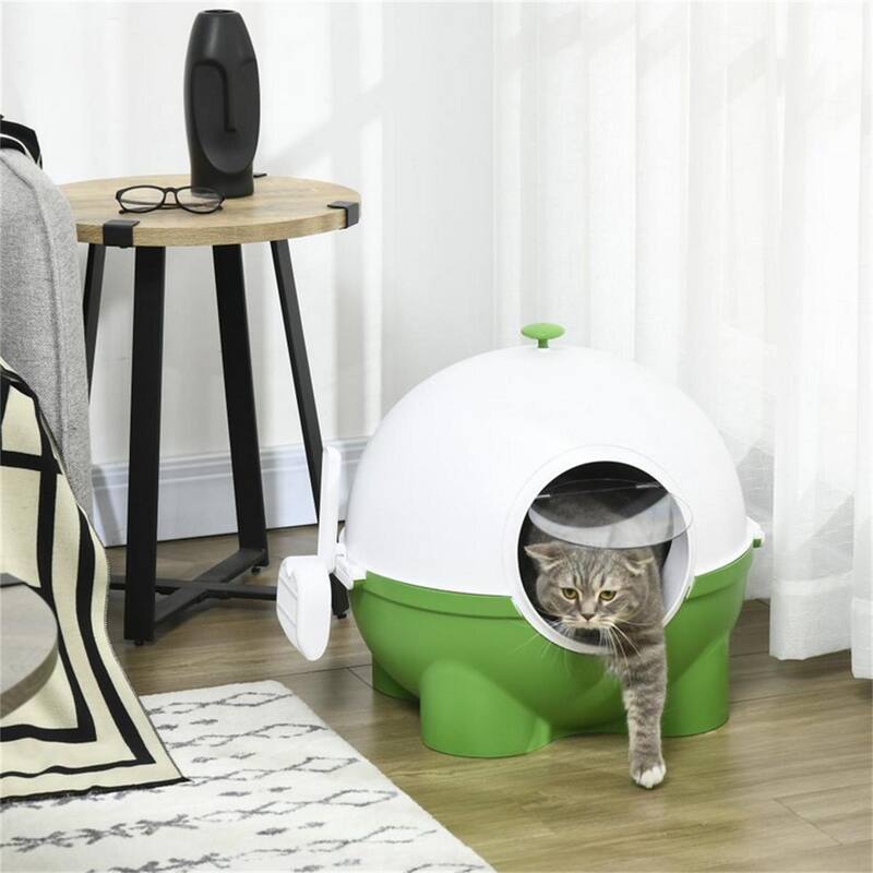 Dark Green and White Enclosed Cat Litter Box with Scoop and Sand Drain Enclosed Privacy