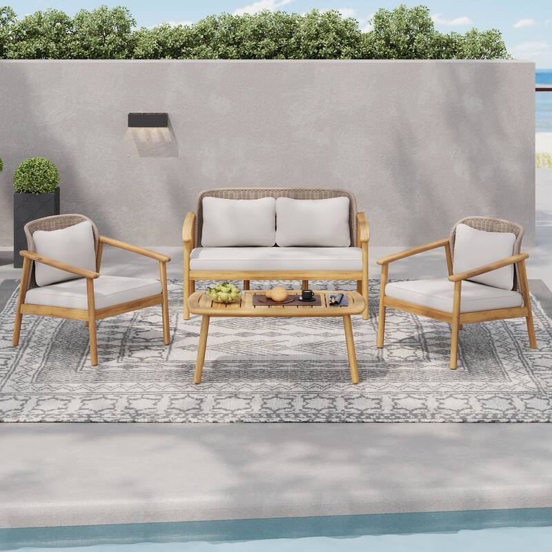Christopher Knight Home - Camille 4-Piece Outdoor Acacia Wood Conversation Set with Woven Rope Backrest & Coffee Table - Light Teak + Mix Brown + Beige