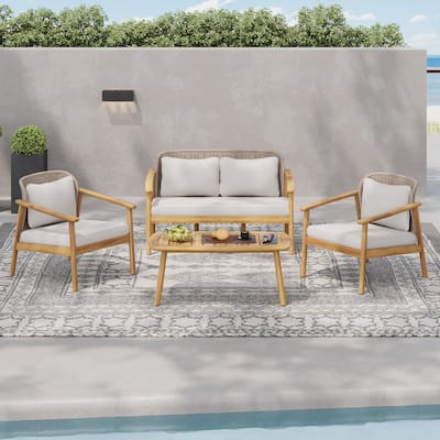 Christopher Knight Home - Camille 4-Piece Outdoor Acacia Wood Conversation Set with Woven Rope Backrest & Coffee Table