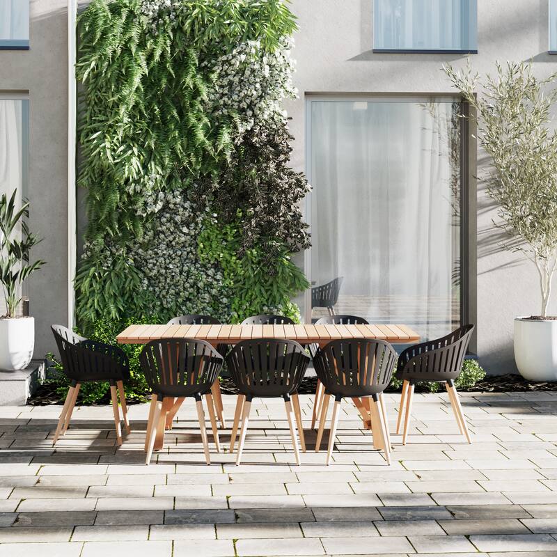 Amazonia Branford 9pc FSC Certified Reclaimed Teak Outdoor Patio Dining set - Black Armchair - Wood Legs