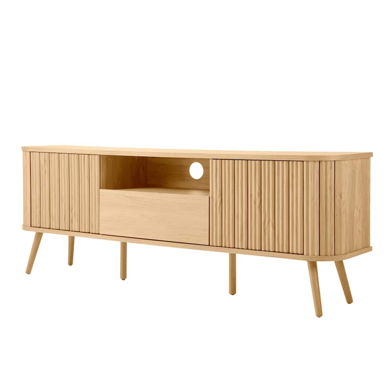 Finley 70 in. Farmhouse Curved TV Stand with Drawer and Storage Doors Fits TVs up to 75 in. with Cable Management, by JONATHAN Y - Oak