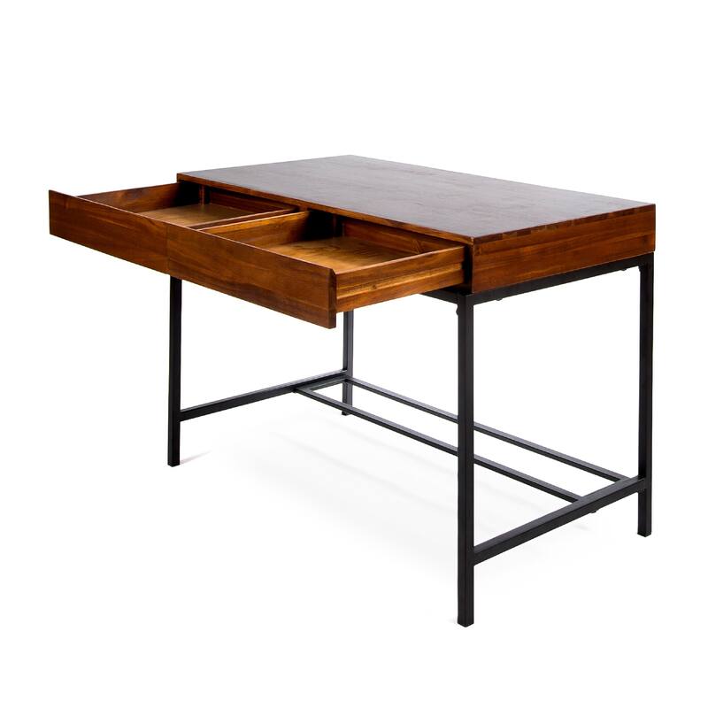 Writing Desk with 2 Storage Drawers, 44 Inch Brown Acacia Wood