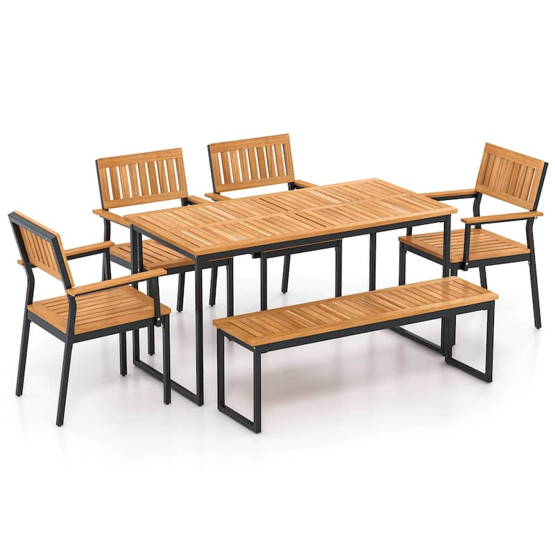 Costway 6 PCS Outdoor Acacia Wood Dining Set with Bench 2" Umbrella - 6 PCS