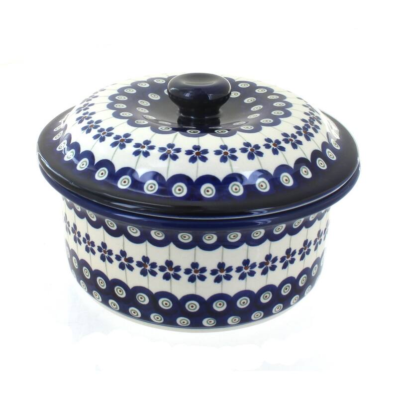 Blue Rose Polish Pottery 887 Zaklady Round Baker with Lid - Flowering Peacock
