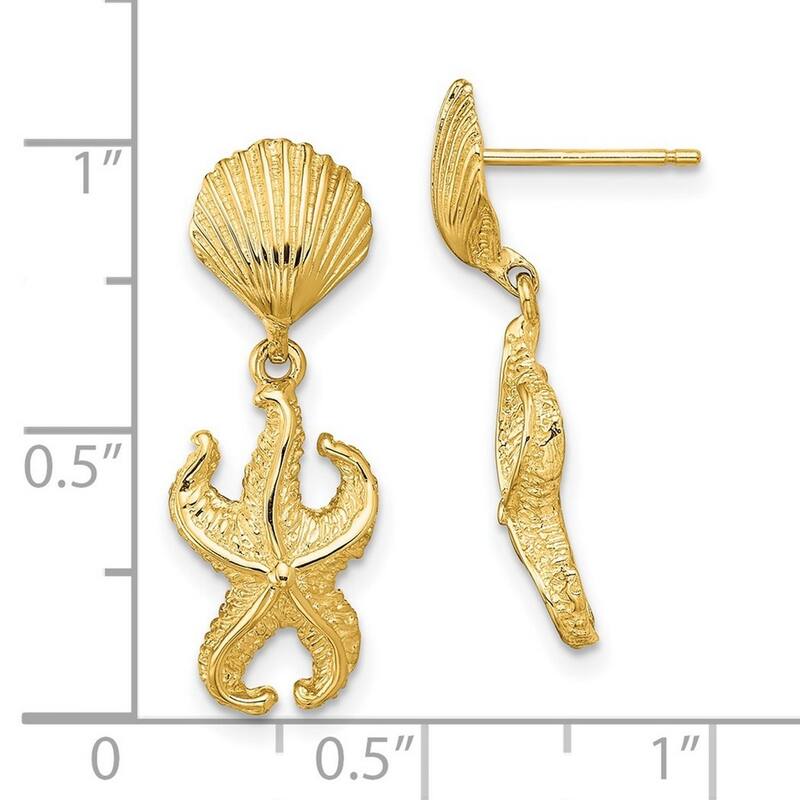 Curata 14k YellowGold Shell and Starfish Double Long Drop Dangle Earrings 24.5x9.2mm