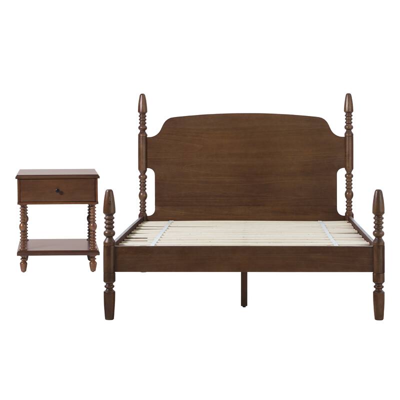 Walker Edison Spindle Queen Bed with 1-Drawer Nightstand Bedroom Set