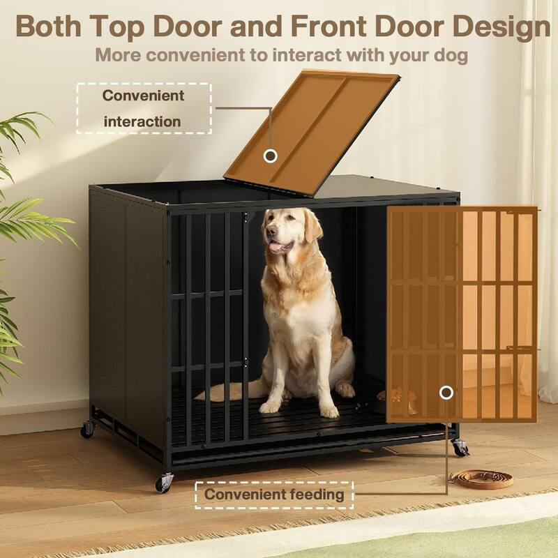 BOSSIN 48/42 inch Heavy Duty Steel Dog Crate Kennel with Wheels, Escape-Proof, Removable Tray for Large Dogs, Black
