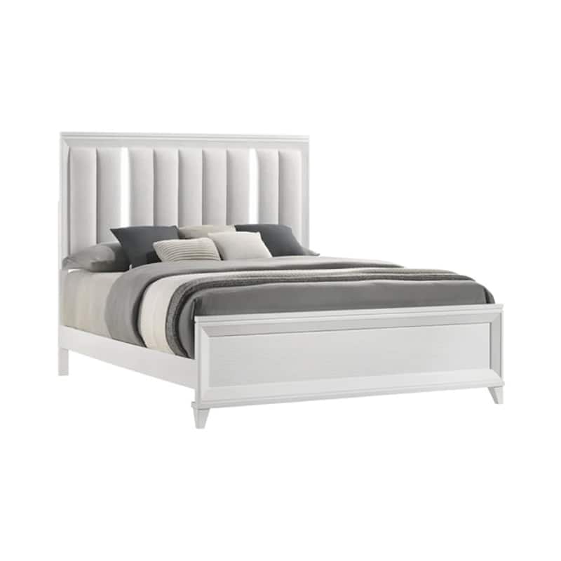 Ressy King Platform Bed with LED, Channel Tufted Upholstery, White Wood