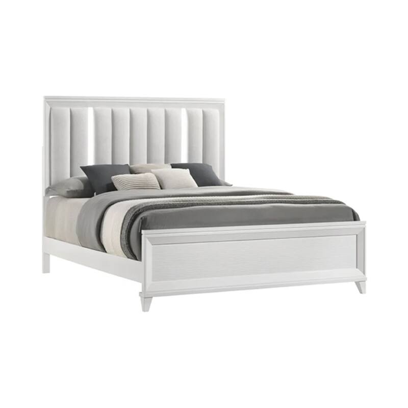 Ressy Queen Platform Bed with LED, Channel Tufted Upholstery, White Wood