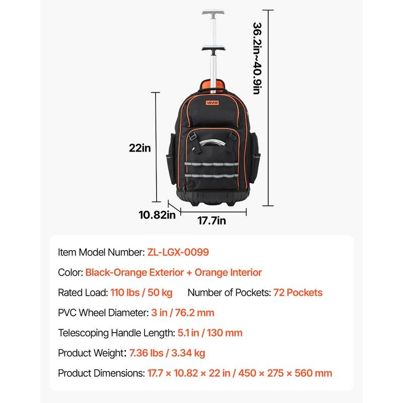 Heavy Duty Rolling Tool Bag with 72 Pockets for Easy Organization - 17.7 x 10.82 x 22 in