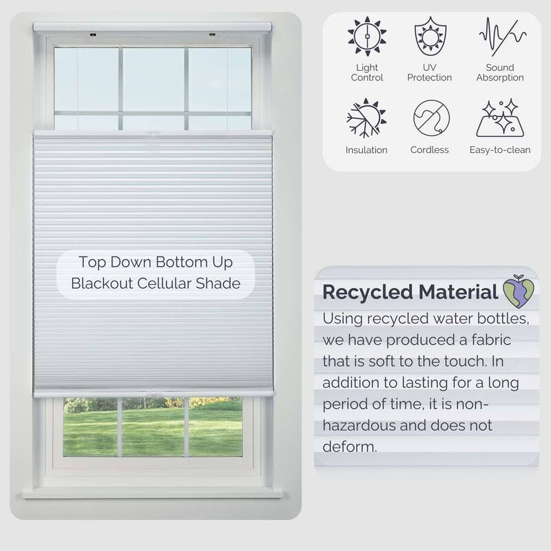 Linen Avenue Cordless Cellular Top Down Bottom Up Blackout Shade, White (Arrives 1/4" Narrower)