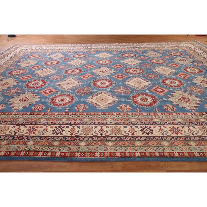 Vegetable Dye Blue Kazak Oriental Large Area Rug Handmade Wool Carpet - 12'8" x 16'5"