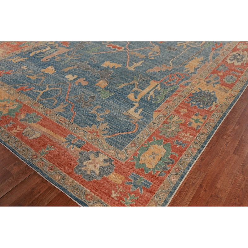 Vegetable Dye Blue Oushak Turkish Area Rug Hand-Knotted Wool Carpet - 9'3" x 12'3"